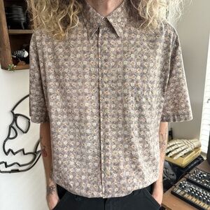 Vintage 80s Earthy Abstract Geometric Short Sleeve Cotton Button Down - Size M